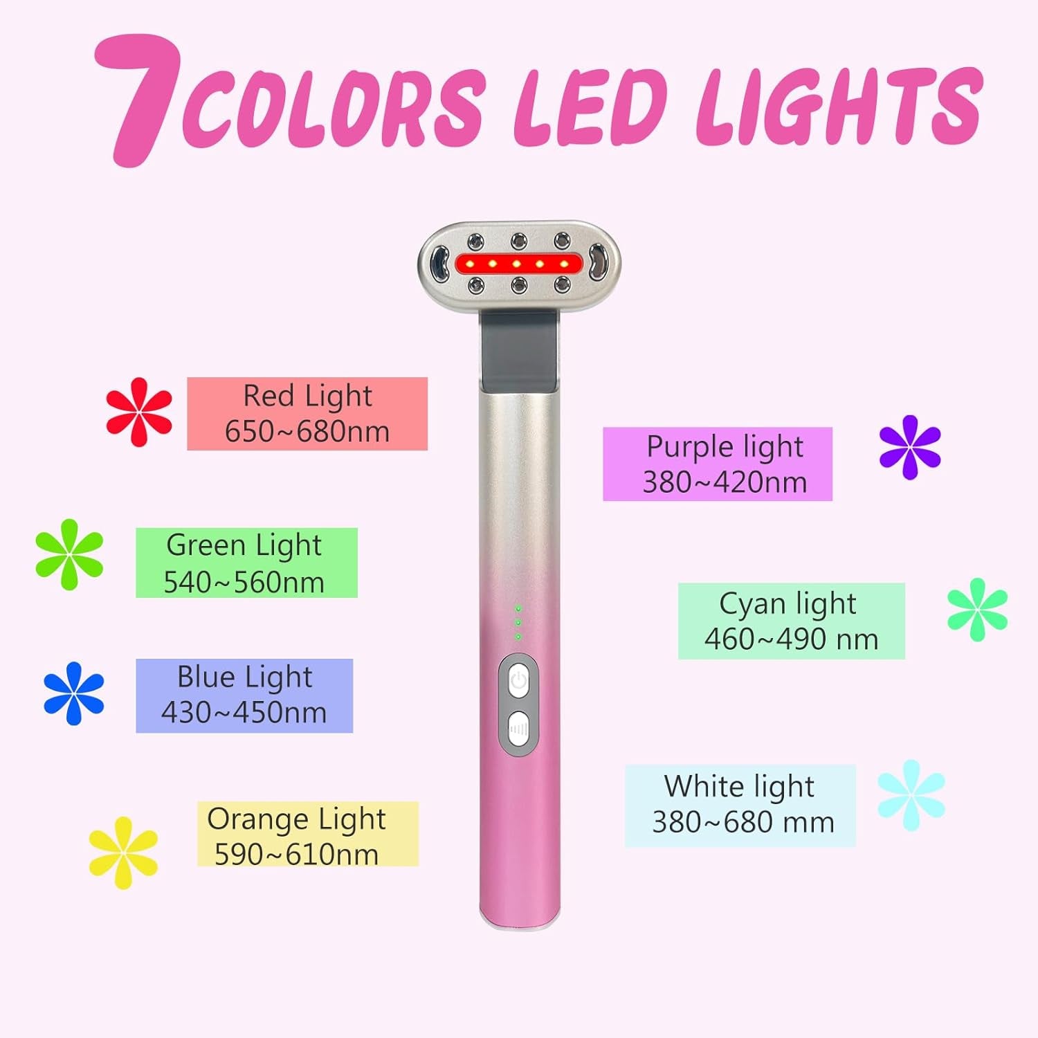 Glow Wave™ Red Light Therapy Wand – 7 LED Colors + 3 Vibration Levels | Sculpt, Smooth & Lift Face & Neck | Pink Gradient Beauty Tool