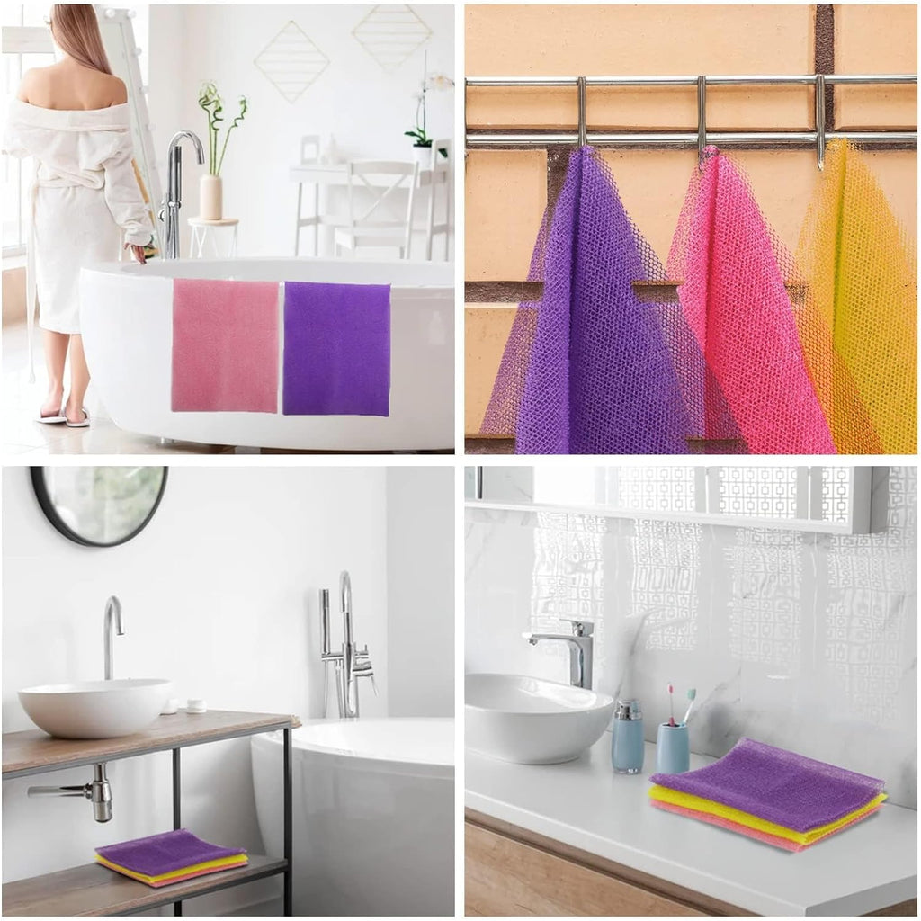 SilkSkin™ African Exfoliating Bath Net Set – 3 Long Body Scrubbers for Deep Clean & Skin Smoothing | Reusable Daily Shower Essentials (Pink, Yellow, Purple)