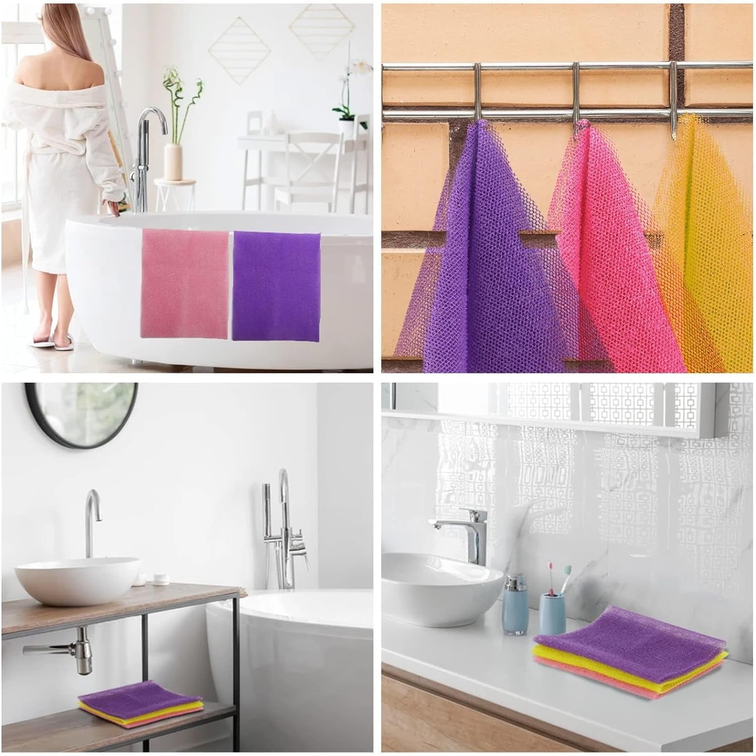 SilkSkin™ African Exfoliating Bath Net Set – 3 Long Body Scrubbers for Deep Clean & Skin Smoothing | Reusable Daily Shower Essentials (Pink, Yellow, Purple)
