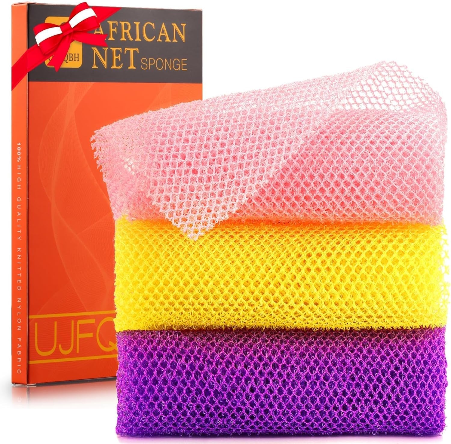 SilkSkin™ African Exfoliating Bath Net Set – 3 Long Body Scrubbers for Deep Clean & Skin Smoothing | Reusable Daily Shower Essentials (Pink, Yellow, Purple)