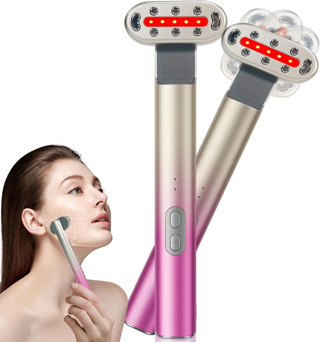 Glow Wave™ Red Light Therapy Wand – 7 LED Colors + 3 Vibration Levels | Sculpt, Smooth & Lift Face & Neck | Pink Gradient Beauty Tool