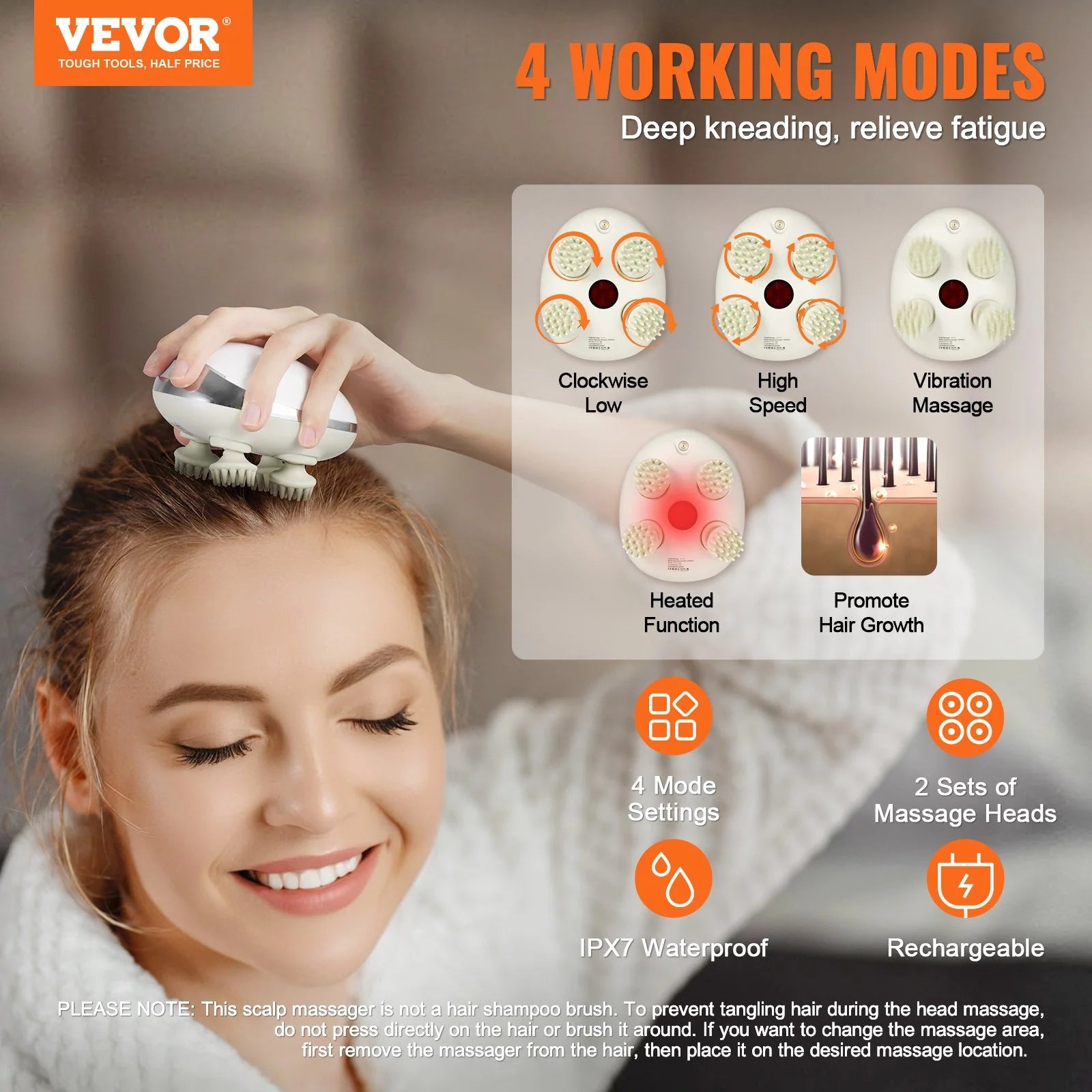 Rechargeable VEVOR Electric Scalp Massager with Heat - Waterproof Relaxation at Your Fingertips!