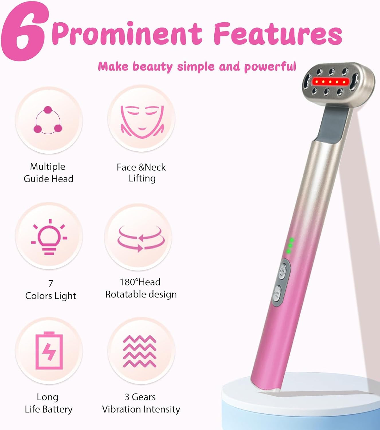 Glow Wave™ Red Light Therapy Wand – 7 LED Colors + 3 Vibration Levels | Sculpt, Smooth & Lift Face & Neck | Pink Gradient Beauty Tool