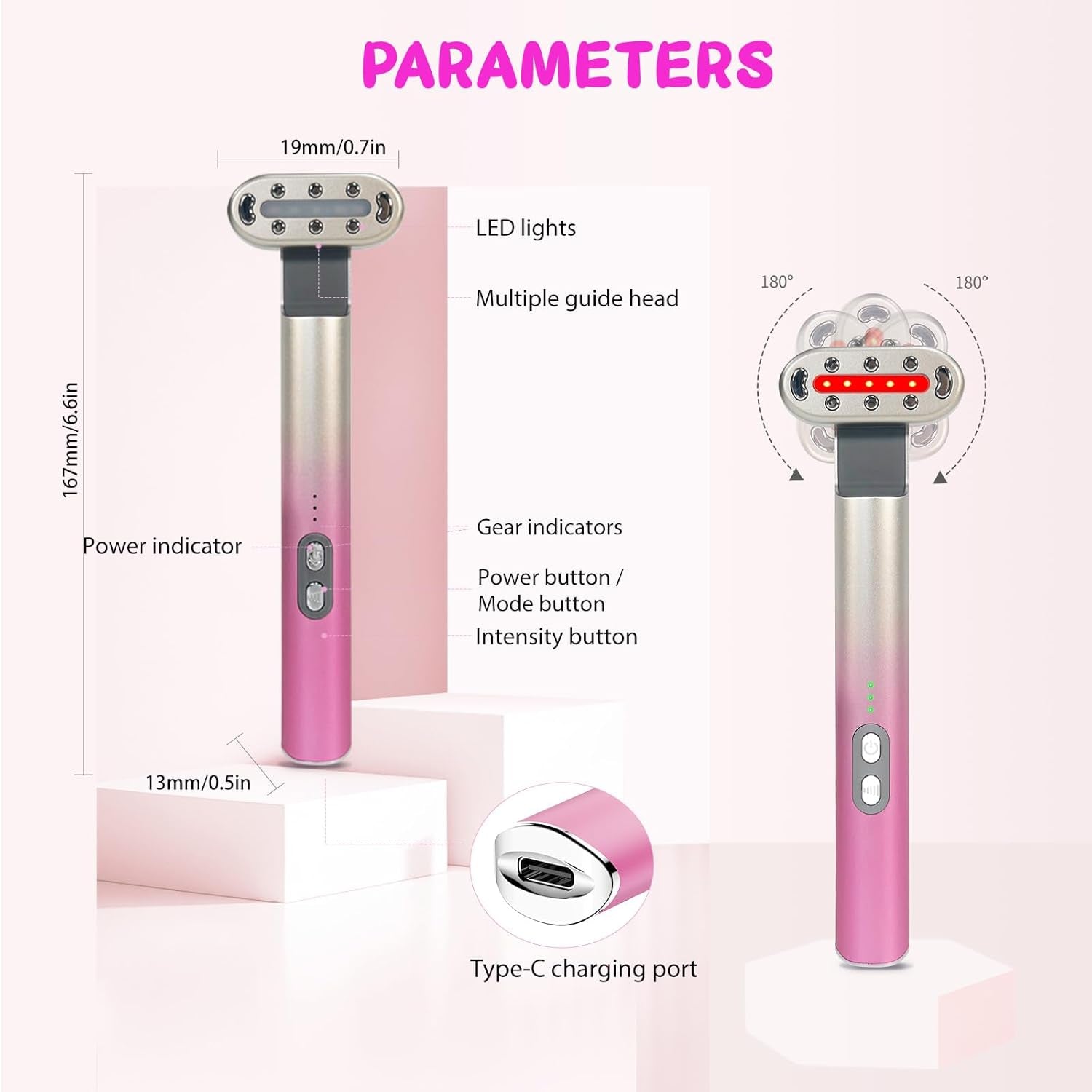 Glow Wave™ Red Light Therapy Wand – 7 LED Colors + 3 Vibration Levels | Sculpt, Smooth & Lift Face & Neck | Pink Gradient Beauty Tool