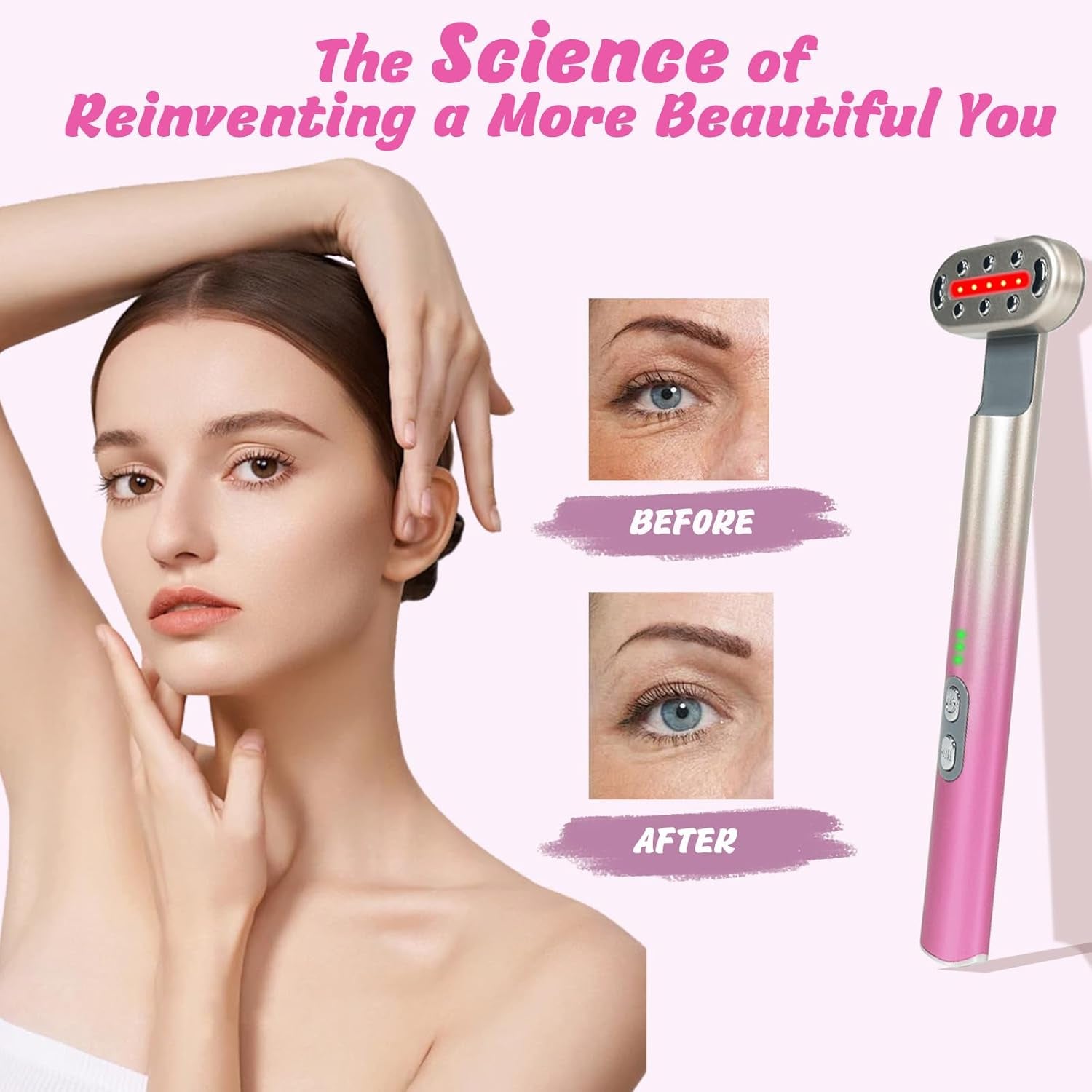 Glow Wave™ Red Light Therapy Wand – 7 LED Colors + 3 Vibration Levels | Sculpt, Smooth & Lift Face & Neck | Pink Gradient Beauty Tool