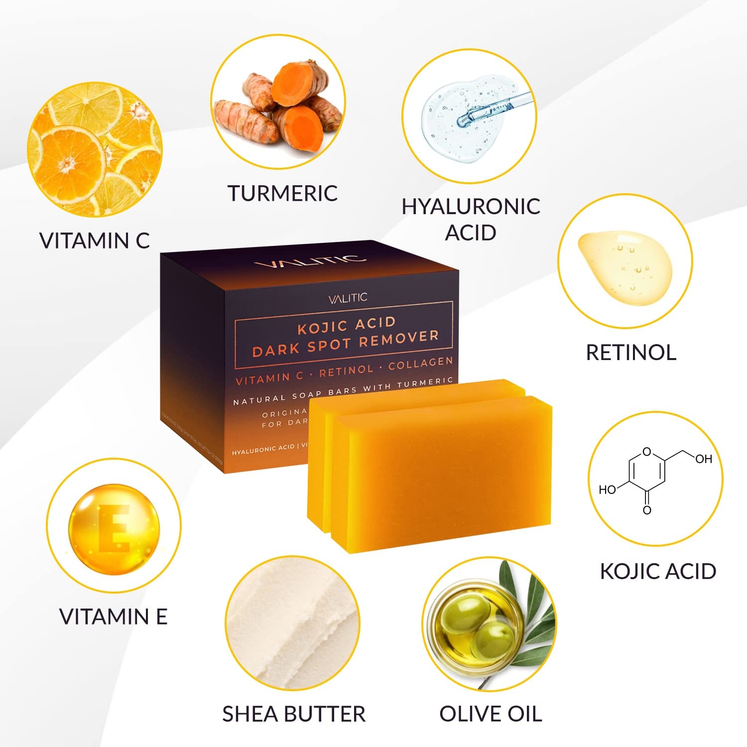 Kojic Bright Complex Soap – 2 Bars for Dark Spot Removal with Vitamin C, Retinol, Turmeric & Hyaluronic Acid | Japanese-Infused Glow with Natural Oils