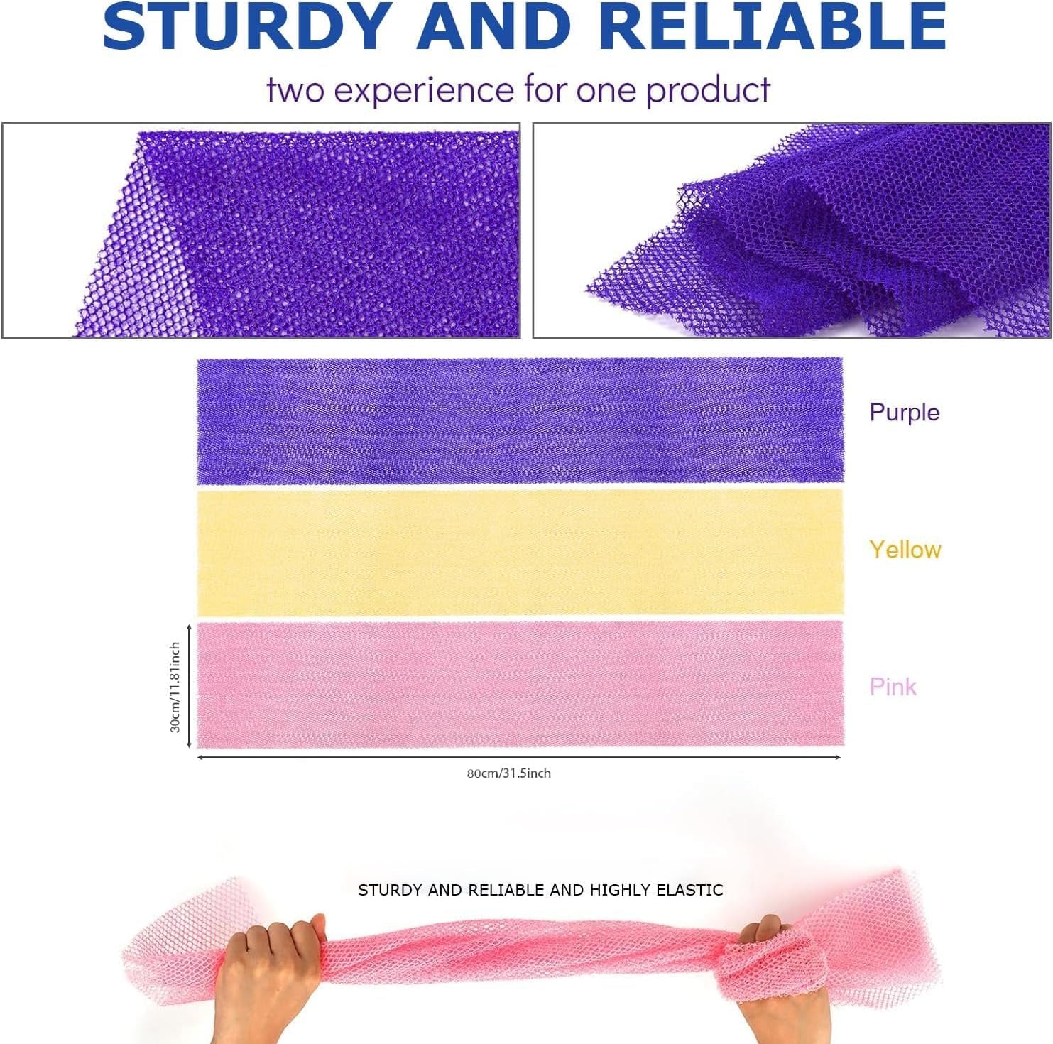 SilkSkin™ African Exfoliating Bath Net Set – 3 Long Body Scrubbers for Deep Clean & Skin Smoothing | Reusable Daily Shower Essentials (Pink, Yellow, Purple)