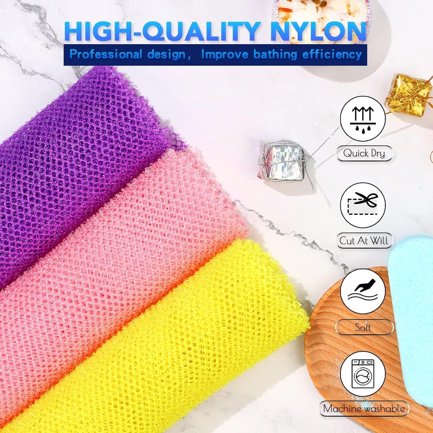 SilkSkin™ African Exfoliating Bath Net Set – 3 Long Body Scrubbers for Deep Clean & Skin Smoothing | Reusable Daily Shower Essentials (Pink, Yellow, Purple)