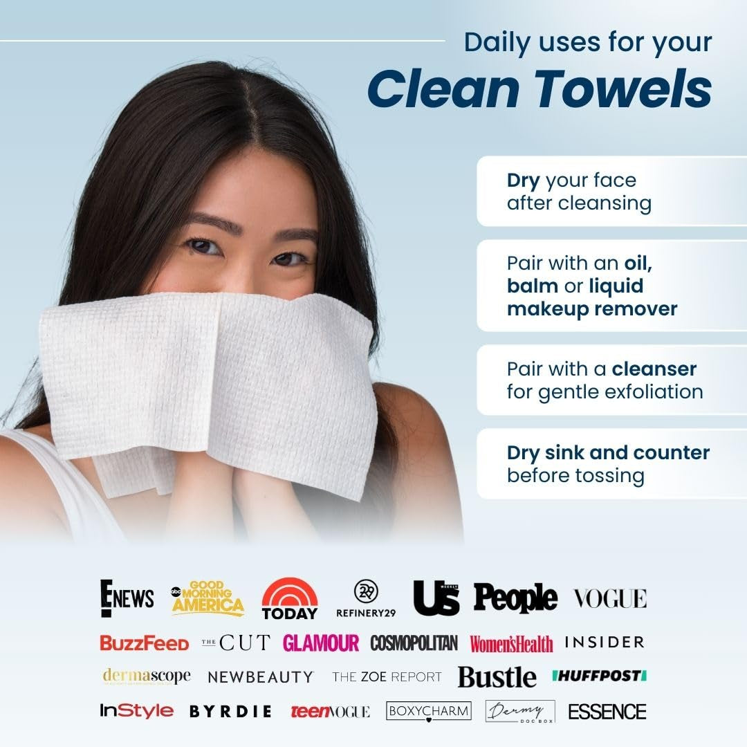 Clean Towels XL™ – 100% USDA Biobased Disposable Face Towels | Ultra-Soft, Eczema Association Accepted | Perfect for Makeup Removal & Sensitive Skin | 50 Count