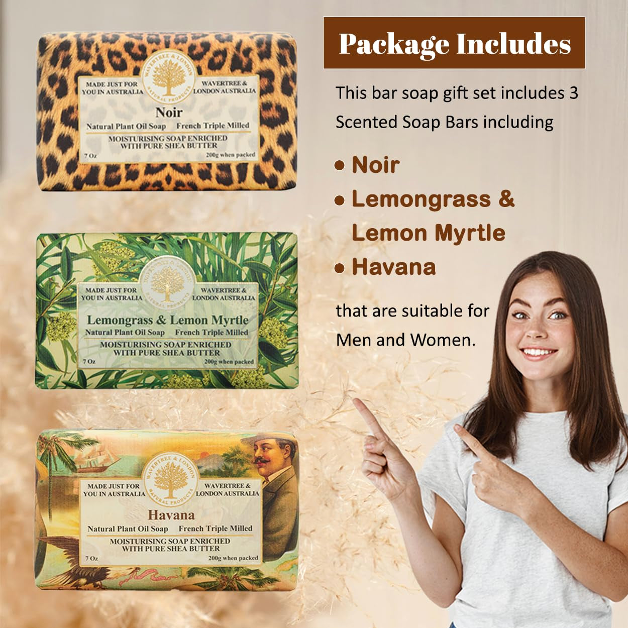 Luxury Soap Trio Gift Box (3 x 7oz) – Noir, Lemongrass & Havana Scents – Triple-Milled French Soap Bars with Pure Plant Oils for All Skin Types