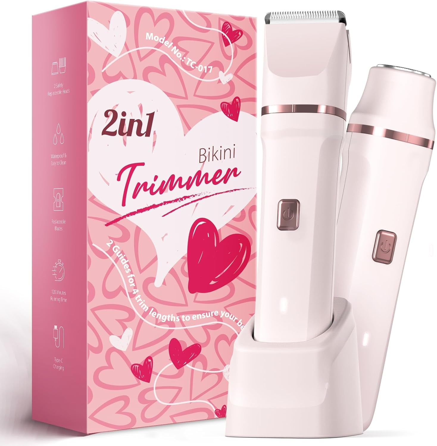 Bikini Trimmer for Women - Painless Electric Razors for Silk Skin,Cordless Body Shaver for Trip,Replaceable Lady Facial Razor, IPX7 Waterproof&Easy Cleaning, Ceramic Blade, USB Charge Dock Pink